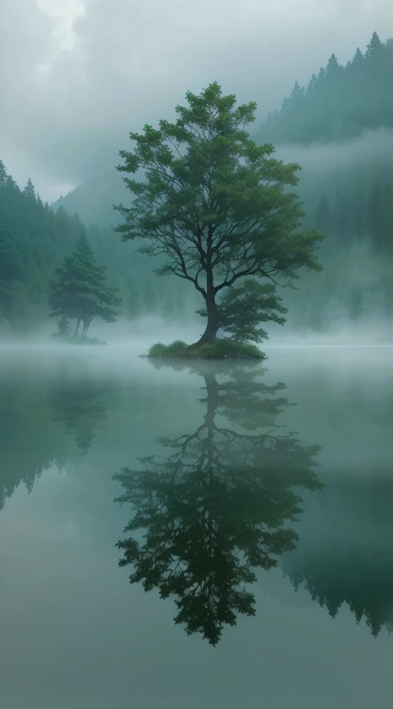 arafed Tree in the middle of a lake with a foggy sky, Still water like a mirror, Reflections on the water, In the peaceful scenery, mystical lake, Reflections in water, Clear reflection, Water reflection, Water reflection, Peaceful and tranquil, Reflections in water,  Tree, floating Trees, single Tree, Misty mist, Calm and serene，Ultimate image quality，Canon R5 shooting，a boat