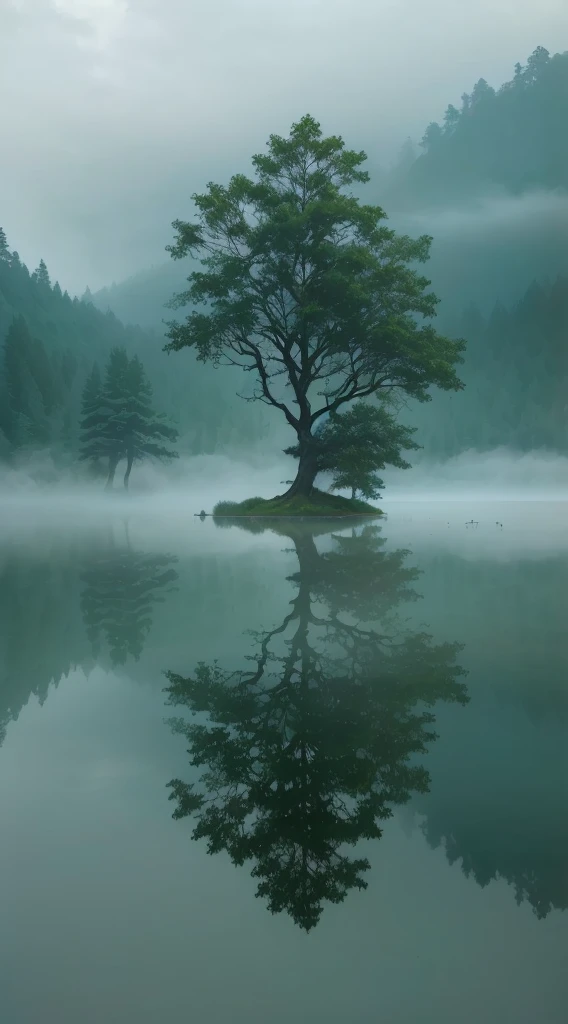 arafed Tree in the middle of a lake with a foggy sky, Still water like a mirror, Reflections on the water, In the peaceful scenery, mystical lake, Reflections in water, Clear reflection, Water reflection, Water reflection, Peaceful and tranquil, Reflections in water,  Tree, floating Trees, single Tree, Misty mist, Calm and serene，Ultimate image quality，Canon R5 shooting，a boat