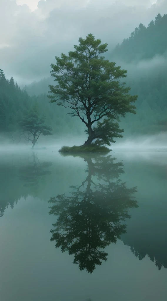 arafed Tree in the middle of a lake with a foggy sky, Still water like a mirror, Reflections on the water, In the peaceful scenery, mystical lake, Reflections in water, Clear reflection, Water reflection, Water reflection, Peaceful and tranquil, Reflections in water, Tree, floating Trees, single Tree, Misty mist, Calm and serene,Ultimate image quality,Canon R5 shooting,a boat