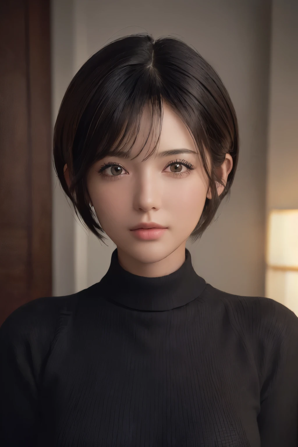 (masterpiece:1.3), (8K, Realistic, RAW Photos, Highest quality: 1.4), (One girl), Beautiful Face, (Realistic Face), (Black Hair, short hair:1.3), Beautiful hairstyle, Realistic eyes, Beautiful attention to detail, (Realistic Skin), Beautiful Skin, (sweater), Absurd, Charm, Ultra-high resolution, Ultra-realistic, Very detailed, Golden Ratio