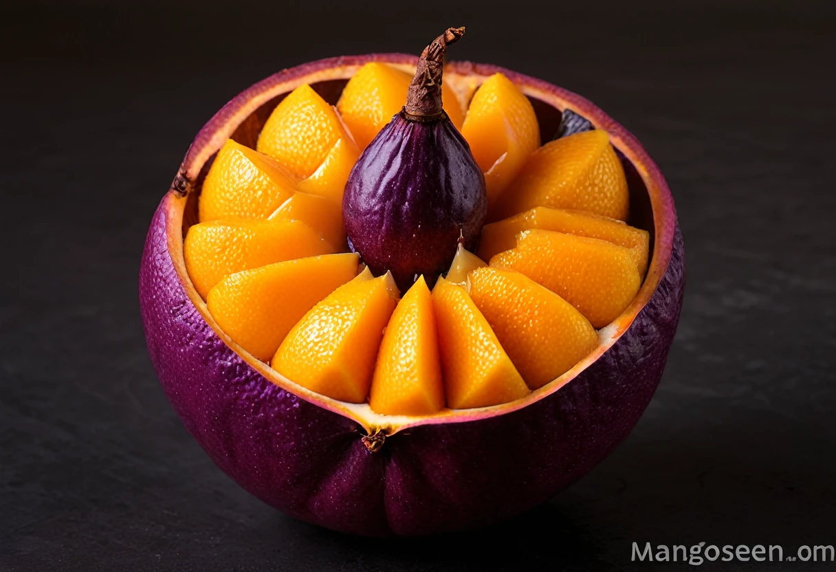 Generate a highly detailed and realistic photo of a unique, never-before-seen fruit that is a hybrid between a mangosteen and an orange. The fruit should have the round shape and deep purple rind of a mangosteen, but with the texture and vibrant orange color of an orange's skin. The rind should be slightly bumpy and segmented like an orange. When cut open, the fruit reveals juicy, orange-colored segments arranged similarly to an orange, but with the soft, fleshy texture of mangosteen segments. The interior should have a few seeds scattered among the segments. The fruit is placed on a simple, clean background with natural lighting that highlights its unique features. This photo should be highly detailed and visually captivating, showcasing the imaginative blend of these two fruits.