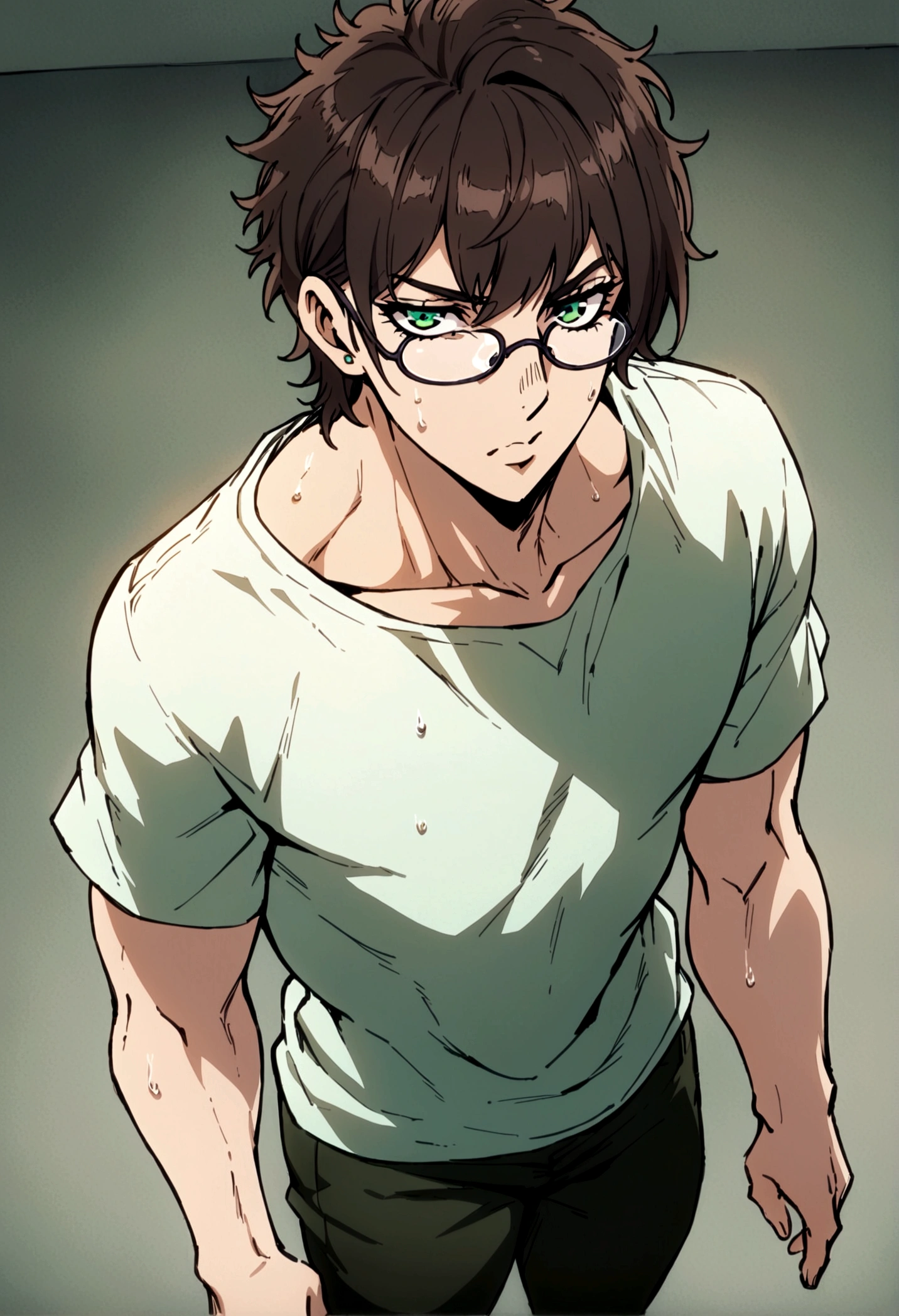 fullbody,masterpiece,standing,tshirt,dark brown curly short hair,green eyes,(bangs),adult,1boy,solo,light stuble,glasses,