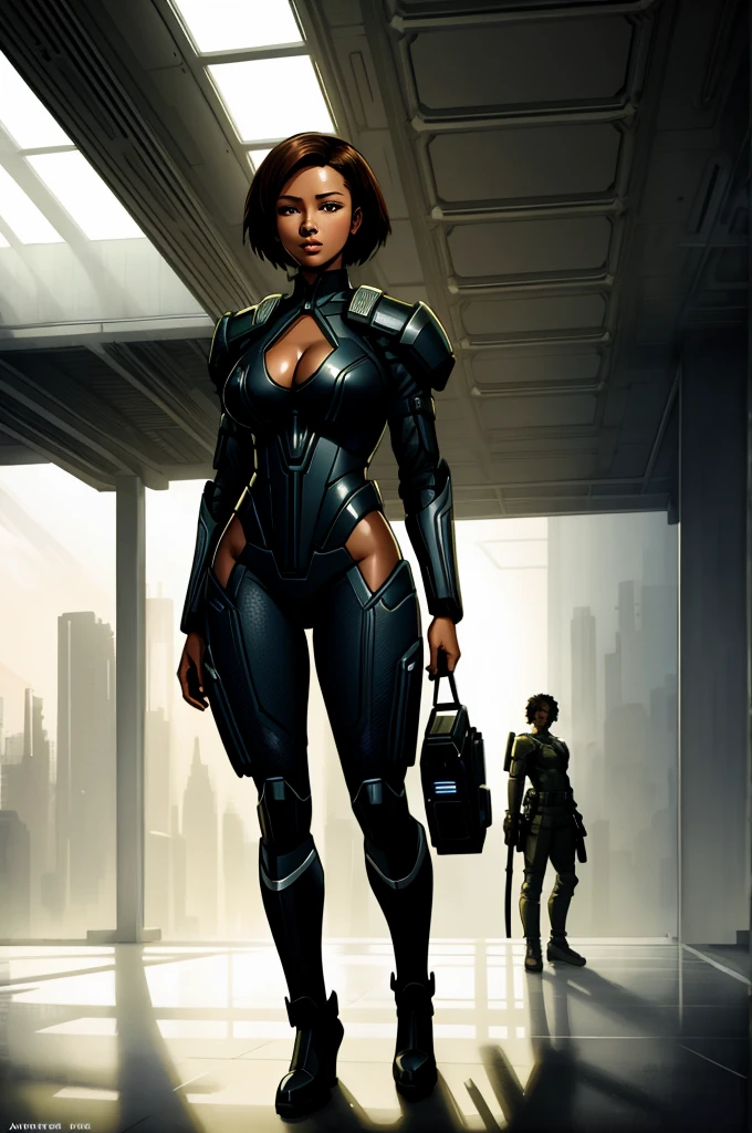 full body portrait of a beautiful young Congolese lady, short hair, (sci-fi:1.2), masterpiece, intense shadows, ambient light, illustration, (thick outlines:1.2), cartoon, highres, drawn by Inoue Takehiko, (Yoji Shinkawa:0.9), Jakub Rozalski, (kuvshinov:1)