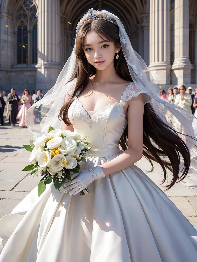 best quality, masterpiece, 1 girl, 5 fingers, long hair, huge laugh, cute teen, shiny lips, sweet, sun glare, Conservative attire, white gloves, bouquet, wedding dress, bridal tiara, depth of field, blurred background, Cathedral Background, light particles, strong wind, head tilt