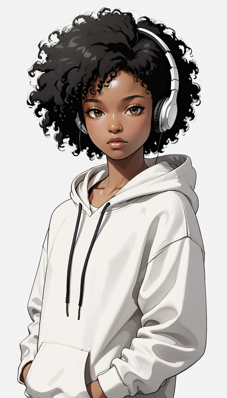 Headphones、Sony、Black Hair、Afro-American、Close ~ eyes、White hoodie、Upper Body、Simple Background
