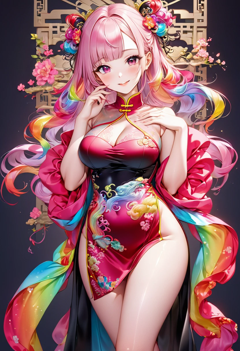 Young beautiful woman,(Highest quality,Extremely detailed depiction,Incredibly absurd high resolution,Anatomically accurate depiction,Two lovely hands, Five perfect fingers,Curvy Legs),(Glowing Skin,Shiny skin,Oilskin),(((A woman wearing a rainbow-colored cheongsam with gradient sleeves,Intricate and gorgeous embroidery,Shiny satin fabric,black tights,accessories,See-through))),eyelash,eye shadow,(Glowing pink eyes,There is cleavage in the chest,A seductive smile,Large Breasts,Glossy Lips,Shadowed face),whole body,Light blush,background:Chinese-style mansion,(From above:1.1)
