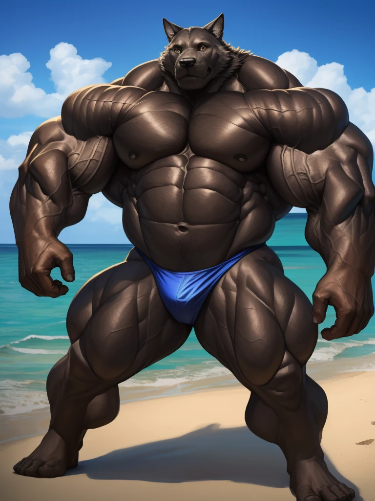 realistic, hyper realistic, detailed muscle,(furry black wolf), good anatomy, masterpiece, art winner, beach, extremely huge muscular, massive muscular, full-body, well-muscled old man. ((extremely muscle size, super thick arms, huge pec, extremely wide pectoral , huge arms)). and add details to make it attractive and interesting. Add textures and details to make the image more realistic, Make sure the resulting image is high resolution, 8K quality."