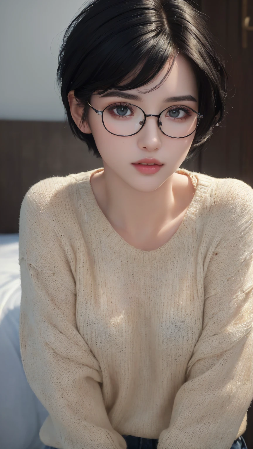 (Masterpiece:1.3), (8K, Photorealistic, RAW photo, Best quality: 1.4), (1girll), Beautiful face, (Realistic face), (Black hair, Short hair:1.3), Glasses, Beautiful hairstyle, Realistic eyes, Beautiful detailed eyes, (Realistic skin), Beautiful skin, (Sweater), absurderes, Attractive, Ultra-high resolution, Ultra photo realsisim, Highly detailed, Golden ratio