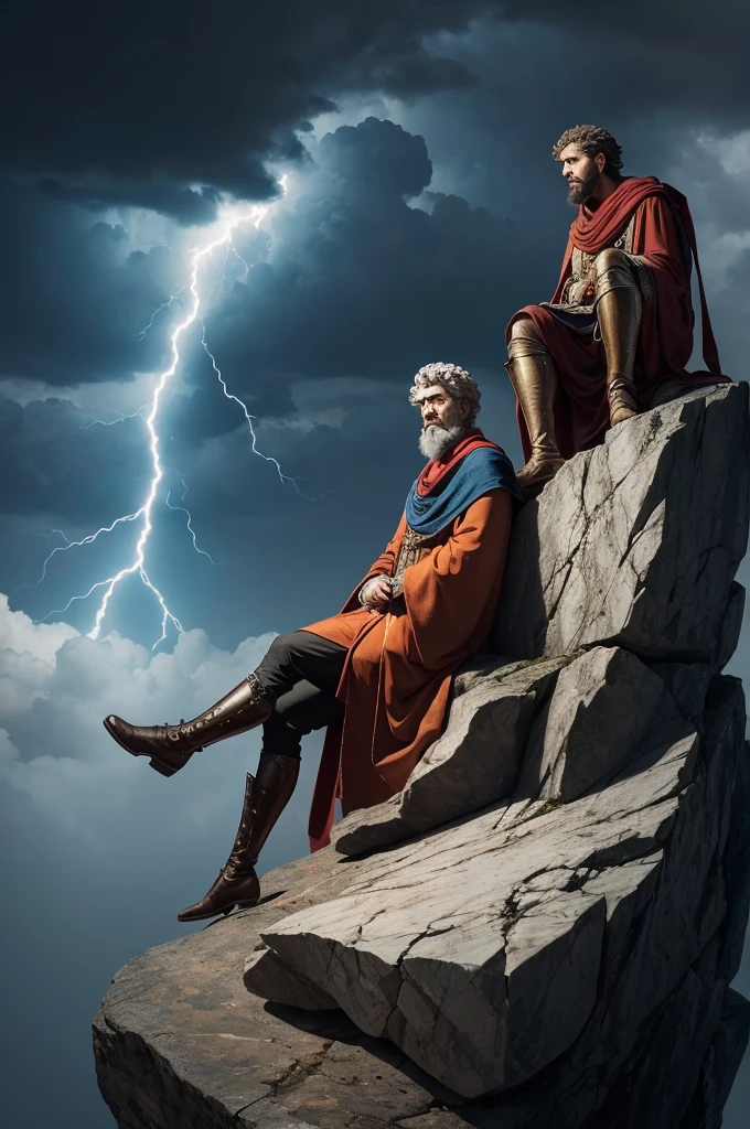 Create an image of stoic defiance, with Seneca and Marcus Aurelius, on top of a rock ,with lightning bolts.