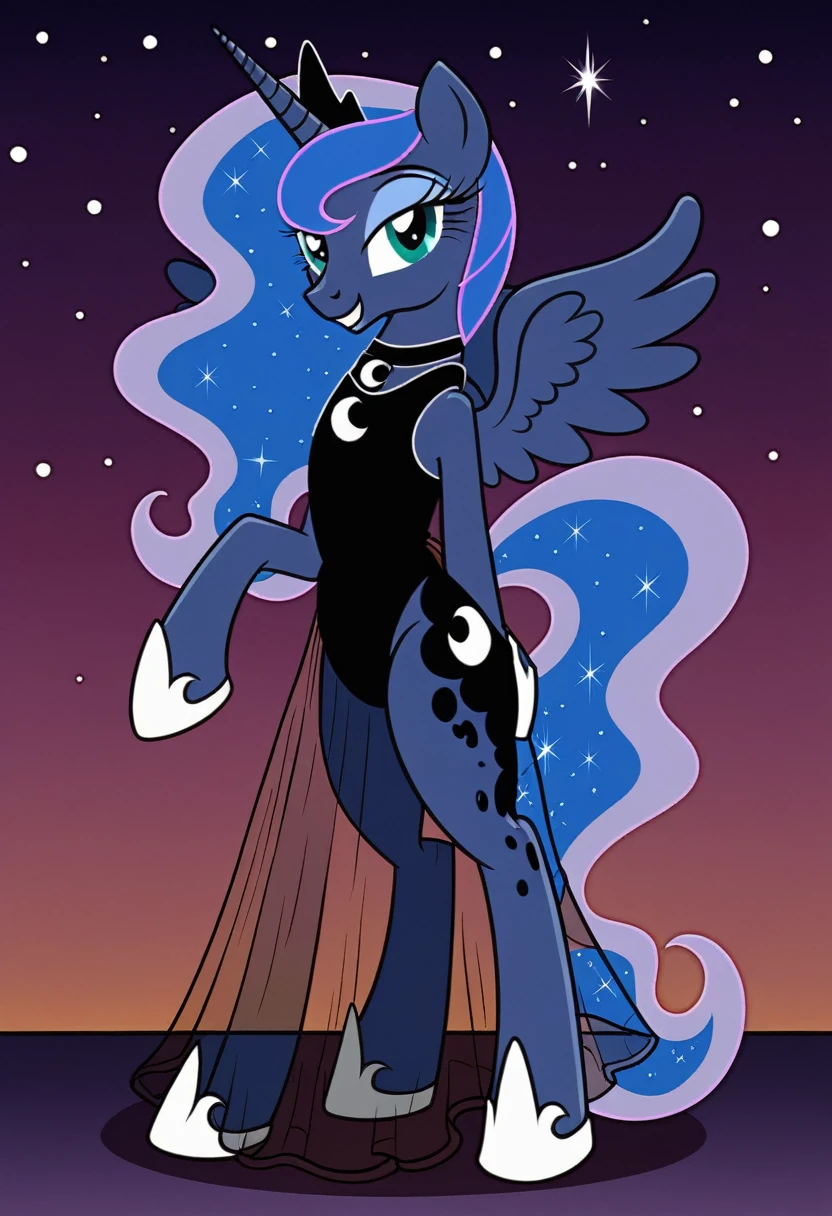 Pony . Black see trough dress with black choker, Princess Luna smiling 