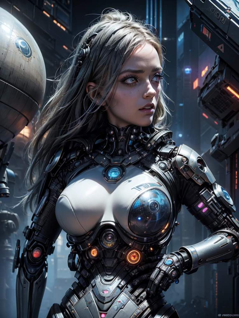 A futuristic steampunk girl, detailed face, beautiful eyes, longeyelashes, detailed lips, intricate cybernetic enhancements, planetary colony, alien civilizations, futuristic city, advertising holograms, cyborgs, cinematic lighting, moody colors, dramatic shadows, ultra-detailed, 8k, photorealistic, masterpiece