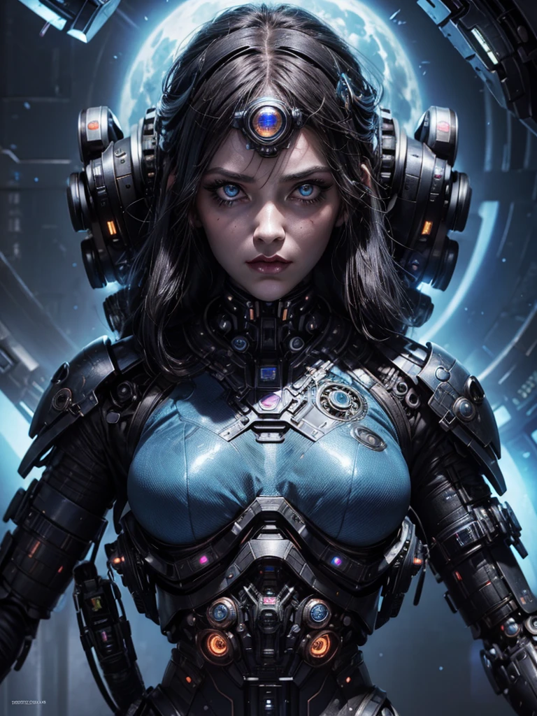 A futuristic steampunk girl, detailed face, beautiful eyes, longeyelashes, detailed lips, intricate cybernetic enhancements, planetary colony, alien civilizations, futuristic city, advertising holograms, cyborgs, cinematic lighting, moody colors, dramatic shadows, ultra-detailed, 8k, photorealistic, masterpiece