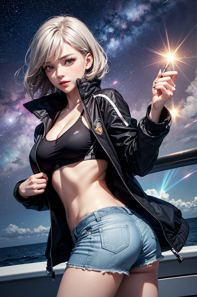 (masterpiece:1.5, Highest quality, Very detailed、 Dutch Angle、Realistic、2.5D、Realistic)(One Girl, Sports Girl)(Grey Hair:1.6,,short hair)(Sports Bra、Jacket:1.5、Shorts、肩にJacketをかける)、((medium breasts, Beautiful cleavage,underboob))(from backside),(Beautiful starry sky、Mystical Night、Particles of light float around the woman、Fantastic space、Ocean、On the boat)
