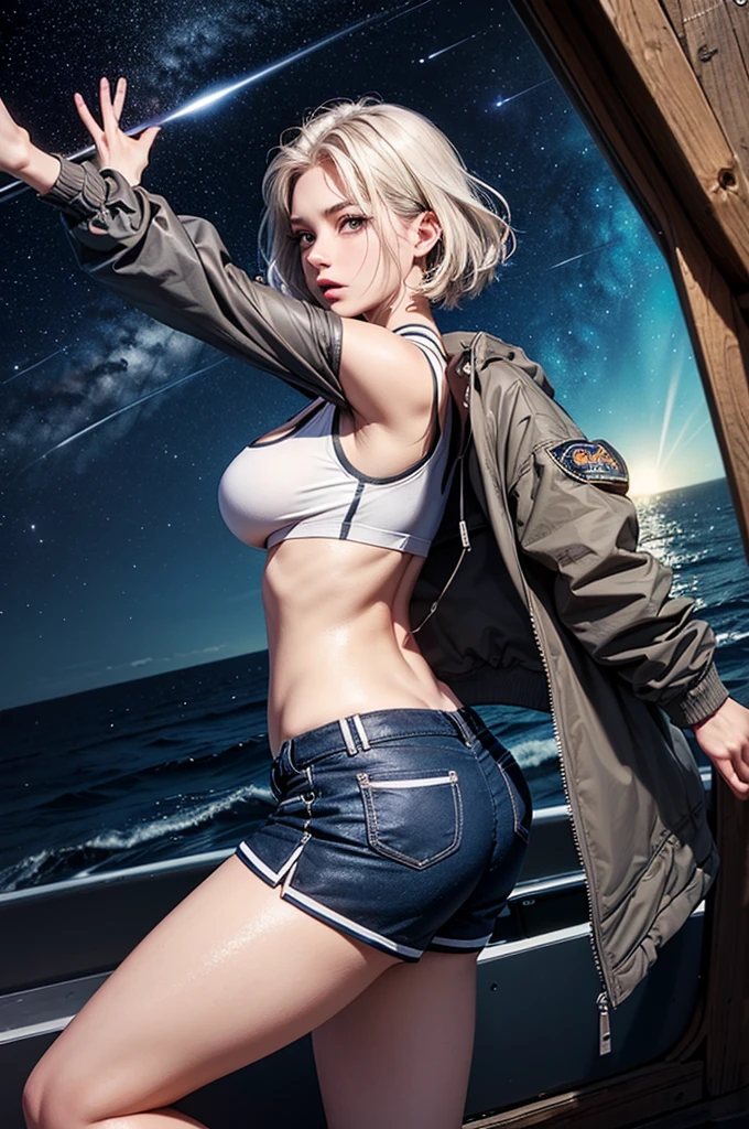 (masterpiece:1.5, Highest quality, Very detailed、 Dutch Angle、Realistic、2.5D、Realistic)(One Girl, Sports Girl, cutegirl)(Grey Hair:1.6,,short hair)(Sports Bra、Jacket:1.5、Shorts、肩にJacketをかける)、((medium breasts, Beautiful cleavage,underboob))(from backside),(Beautiful starry sky、Mystical Night、Particles of light float around the woman、Fantastic space、Ocean、On the boat)
