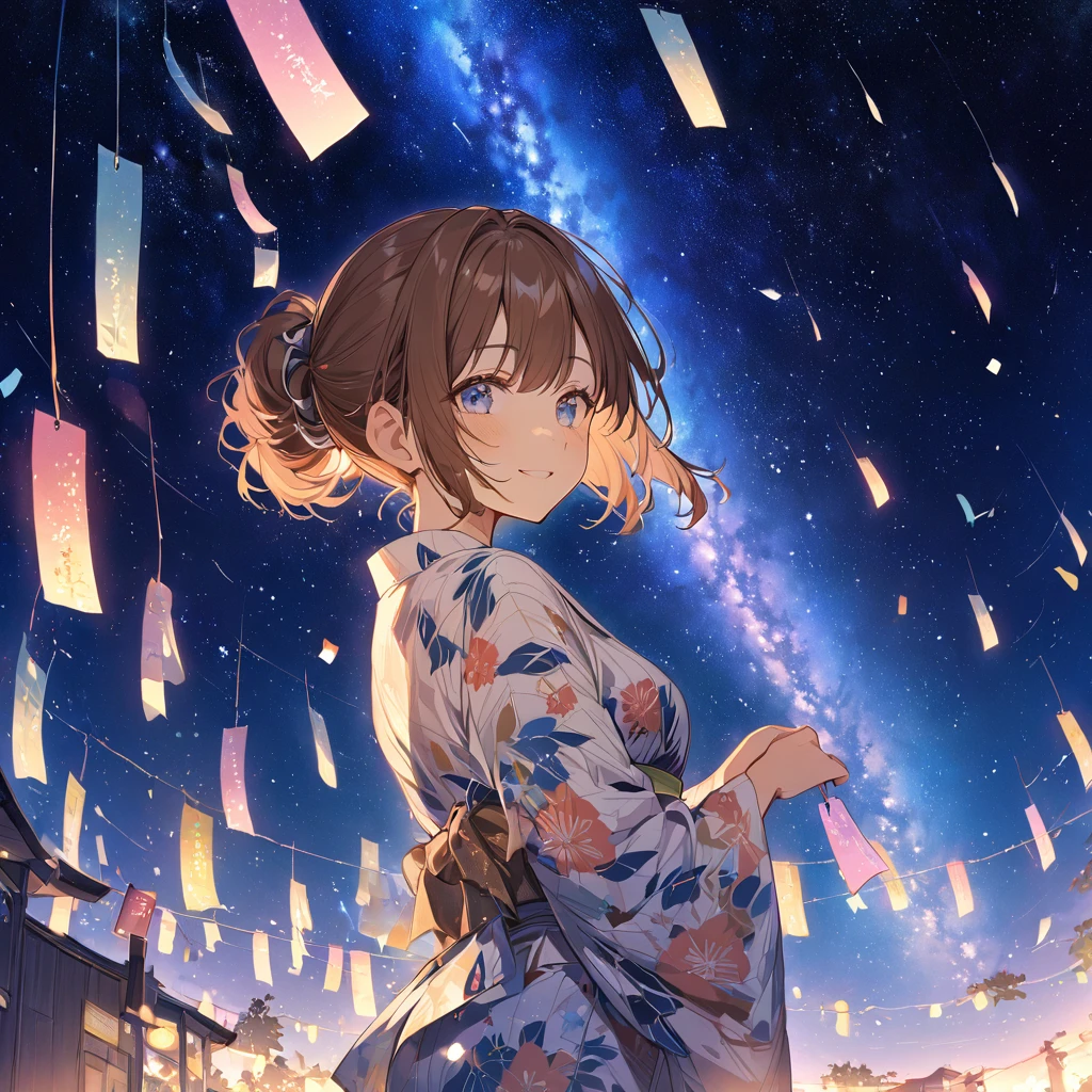 good looking, alone, 1 female, Medium Hair, Brown Hair, Pink highlights on the tips,Smile Facial,tanabata,milky way,yukata,Brown Hair,ponytail,Blue eyes