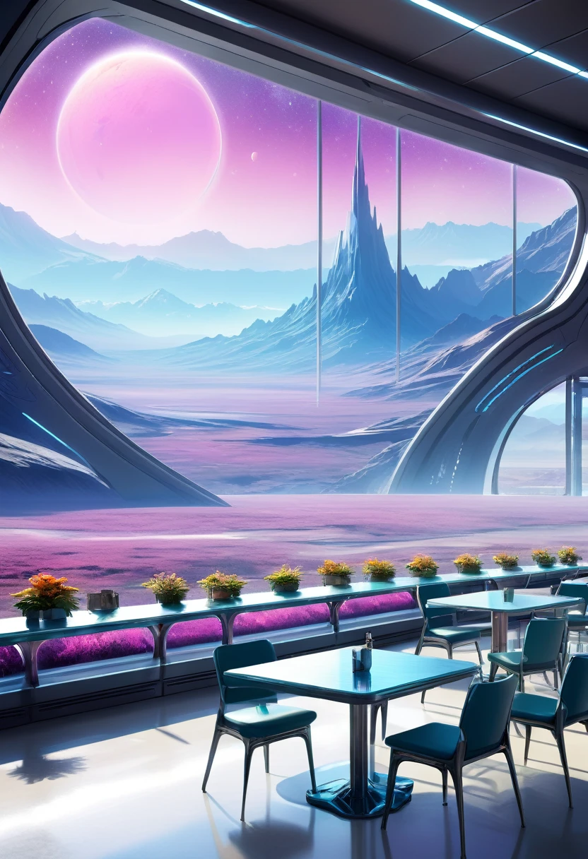 A spacious, empty cafeteria on a distant planet, featuring large windows that offer a breathtaking view of an alien landscape with distant mountains and strange flora. The cafeteria's futuristic design includes sleek, metallic tables and chairs, with soft ambient lighting creating a serene atmosphere. Outside the windows is a mix of vibrant colors, hinting at the unique atmosphere of the planet.