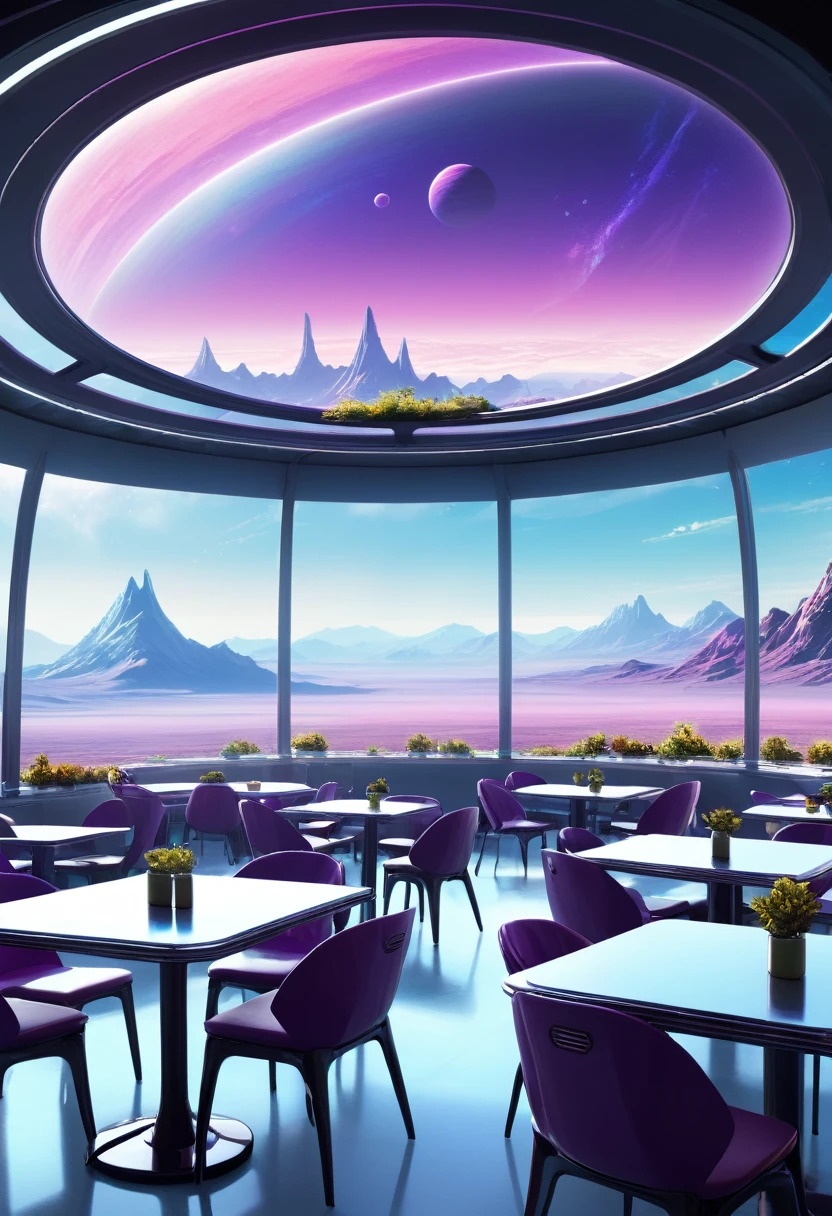 A spacious, empty cafeteria on a distant planet, featuring large windows that offer a breathtaking view of an alien landscape with distant mountains and strange flora. The cafeteria's futuristic design includes sleek, metallic tables and chairs, with soft ambient lighting creating a serene atmosphere. Outside the windows is a mix of vibrant colors, hinting at the unique atmosphere of the planet.