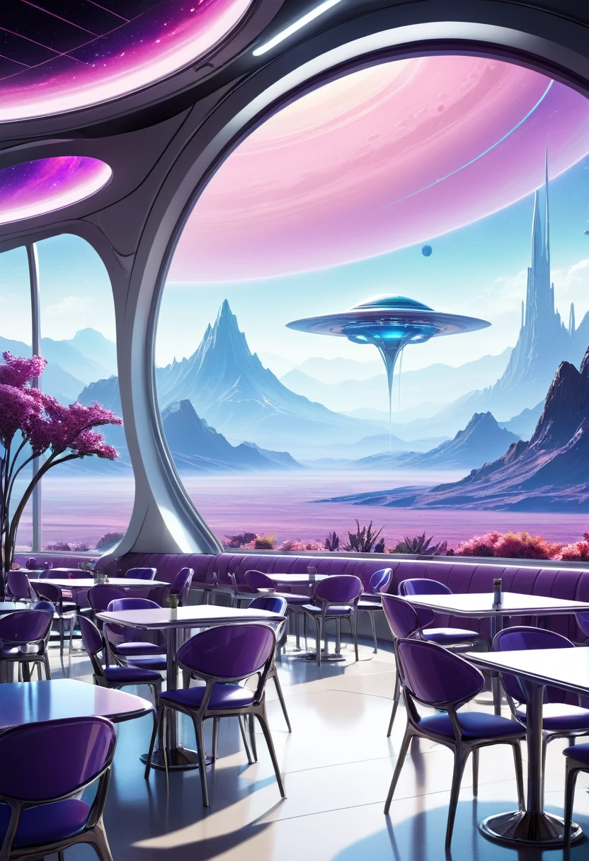 A spacious, empty cafeteria on a distant planet, featuring large windows that offer a breathtaking view of an alien landscape with distant mountains and strange flora. The cafeteria's futuristic design includes sleek, metallic tables and chairs, with soft ambient lighting creating a serene atmosphere. Outside the windows is a mix of vibrant colors, hinting at the unique atmosphere of the planet.
