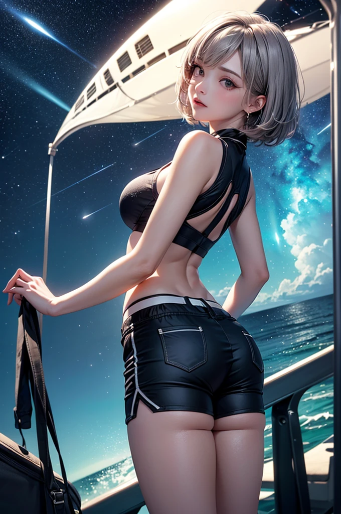 (masterpiece:1.5, Highest quality, Very detailed、 Dutch Angle、Realistic、2.5D、Realistic)(One Girl, Sports Girl, cutegirl)(Grey Hair:1.6,,short hair)(Sports Bra、Jacket:1.5、Shorts、肩にJacketをかける)、((medium breasts, Beautiful cleavage,underboob))(from backside),(Beautiful starry sky、Mystical Night、Particles of light float around the woman、Fantastic space、Ocean、On the boat)