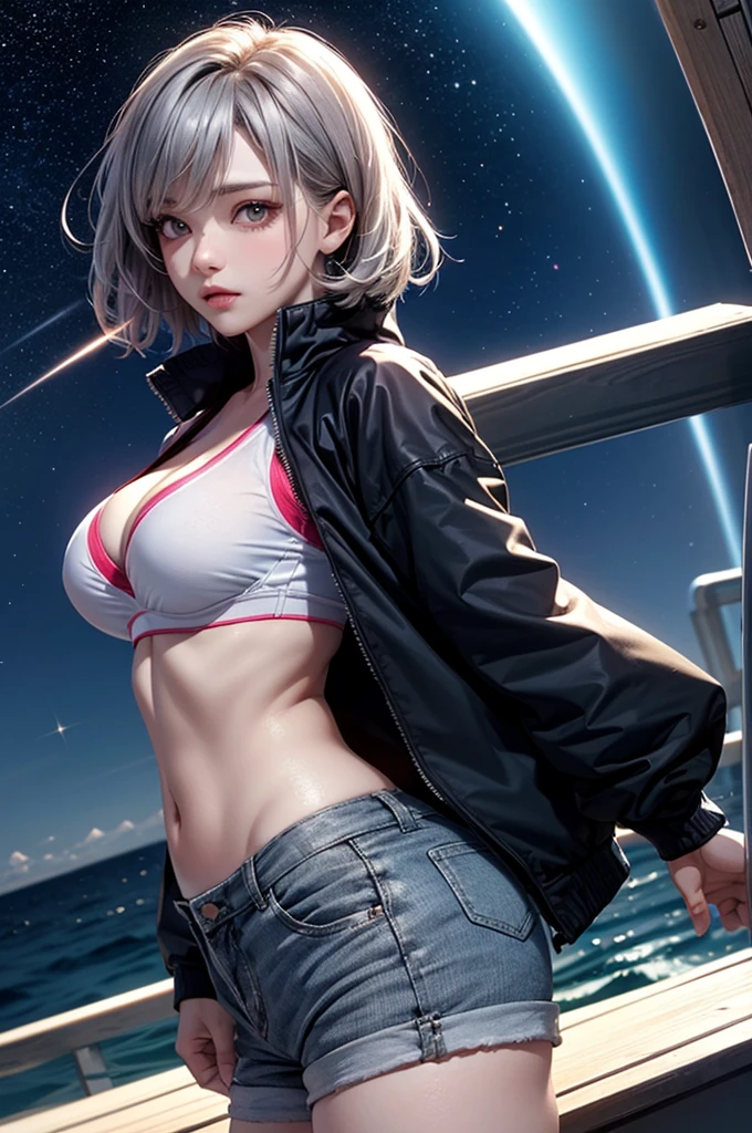 (masterpiece:1.5, Highest quality, Very detailed、 Dutch Angle、Realistic、2.5D、Realistic)(One Girl, Sports Girl, cutegirl)(Grey Hair:1.6,,short hair)(Sports Bra、Jacket:1.5、Shorts、肩にJacketをかける)、((medium breasts, Beautiful cleavage,underboob))(from backside),(Beautiful starry sky、Mystical Night、Particles of light float around the woman、Fantastic space、Ocean、On the boat)
