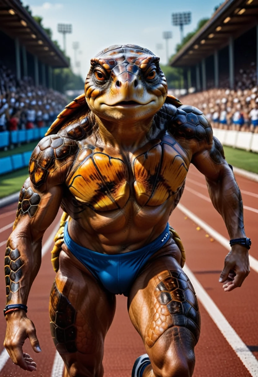 a close up shot on a ((anthmorph turtle: 1.5)) sprinter in a running lane getting ready to sprint in the Olympics, tense look, getting ready to sprint, (best detailed face: 1.3), lean muscled body, sweat beads on forehead, (wearing athletic shirt, pants and sneakers: 1.2), (anatomically correct: 1.4), (full body shot: 1.1) , vibrant, Ultra-high resolution, High Contrast, (masterpiece:1.5), highest quality, Best aesthetics), best details, best quality, highres, ultra wide angle, 16k, [ultra detailed], masterpiece, best quality, (extremely detailed), Cinematic Hollywood Film, Anthro... woman