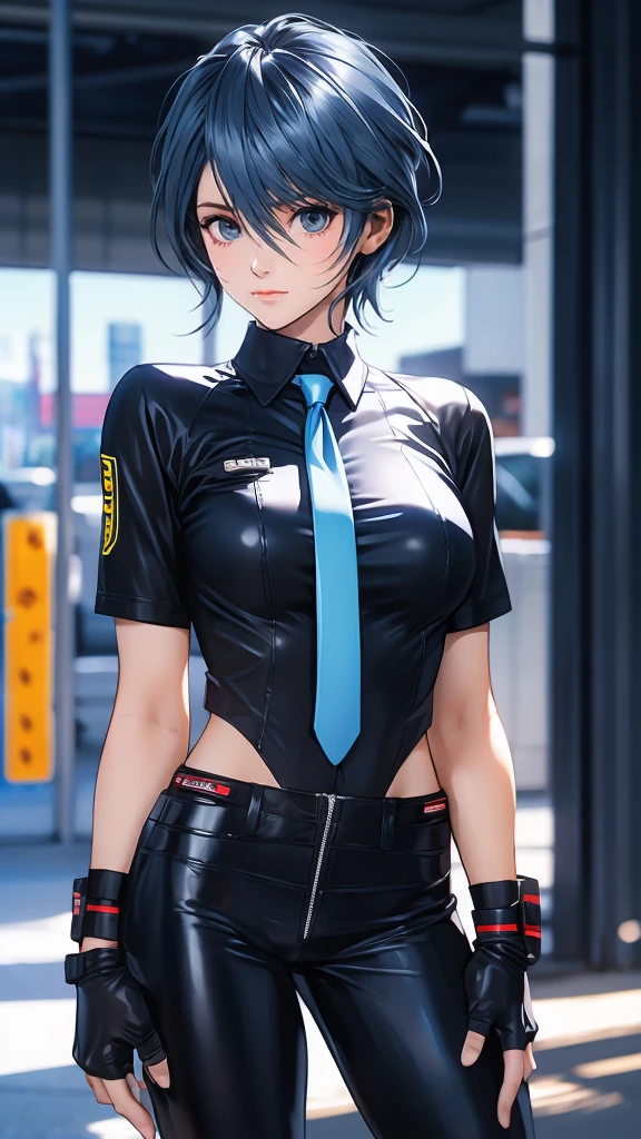 1 Female, Tamaki, short hair, hair between eyes, (detailed eyes:1.3), Business shirts, tie, tight suit trousers, Leather Holster, fingerless gloves