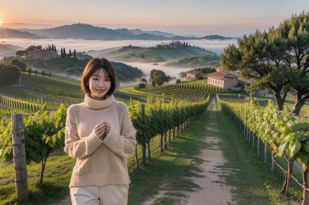 8k best picture quality, Beautiful 36-year-old Korean woman, clear and nice weather. Chest size 34 inches, Dense fog at dawn in the Italian countryside, past the vineyard, The cathedral is visible in the fog in the distance., The back background is realistic and vivid image quality, Short and medium hair blowing in the wind, Wearing high-end luxury knitwear. casual pants, Smile. the background is clear, Short and slim Korean woman, stand far away, Photo taken with a wide-angle lens, The red sun rises