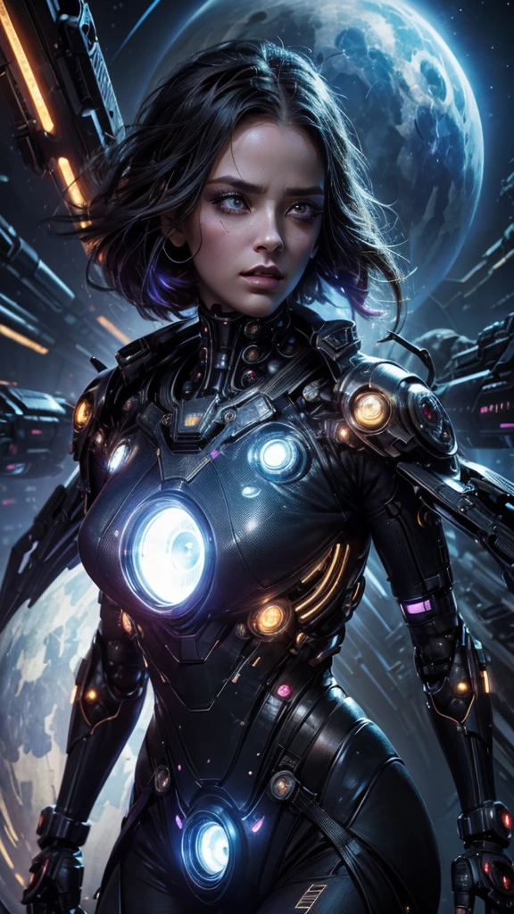 A futuristic steampunk girl, detailed face, beautiful eyes, longeyelashes, detailed lips, intricate cybernetic enhancements, planetary colony, alien civilizations, futuristic city, advertising holograms, cyborgs, cinematic lighting, moody colors, dramatic shadows, ultra-detailed, 8k, photorealistic, masterpiece