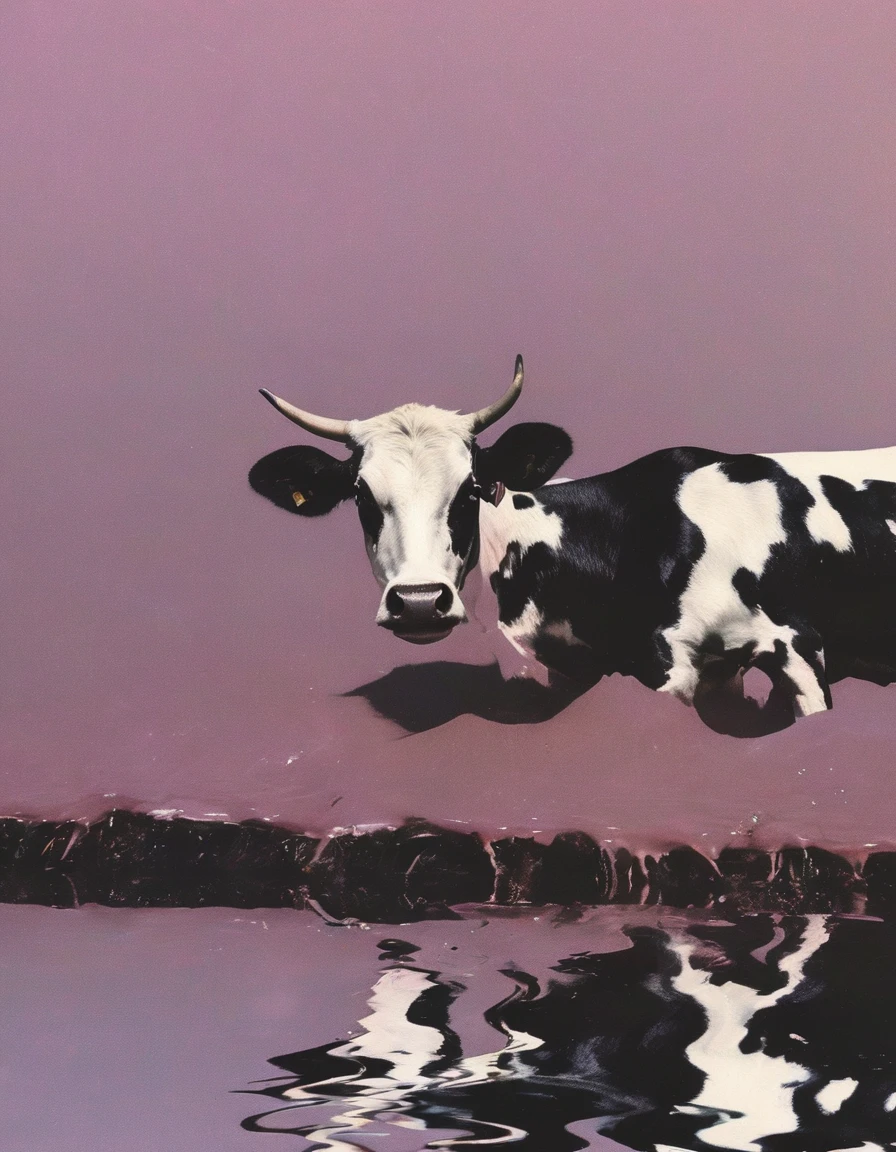 cow in water, light soft pink background