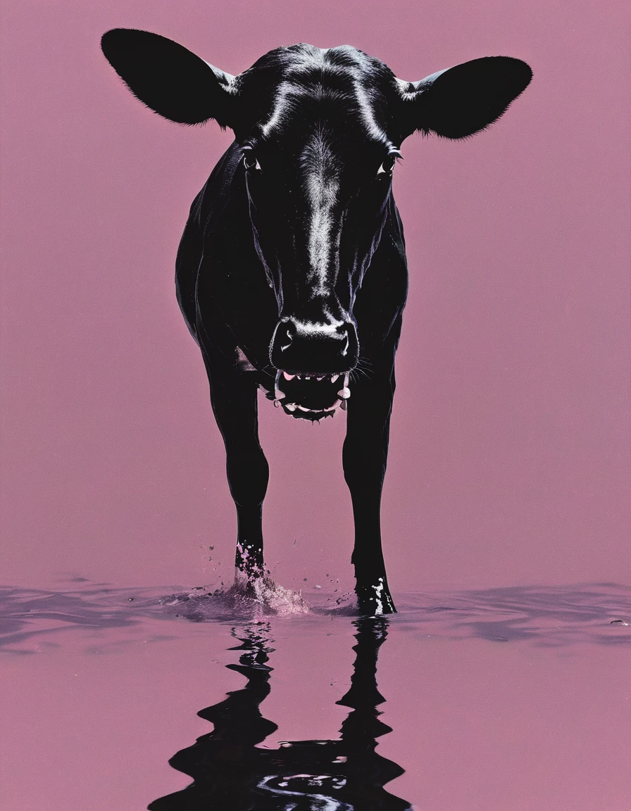 cow in water, light soft pink background
