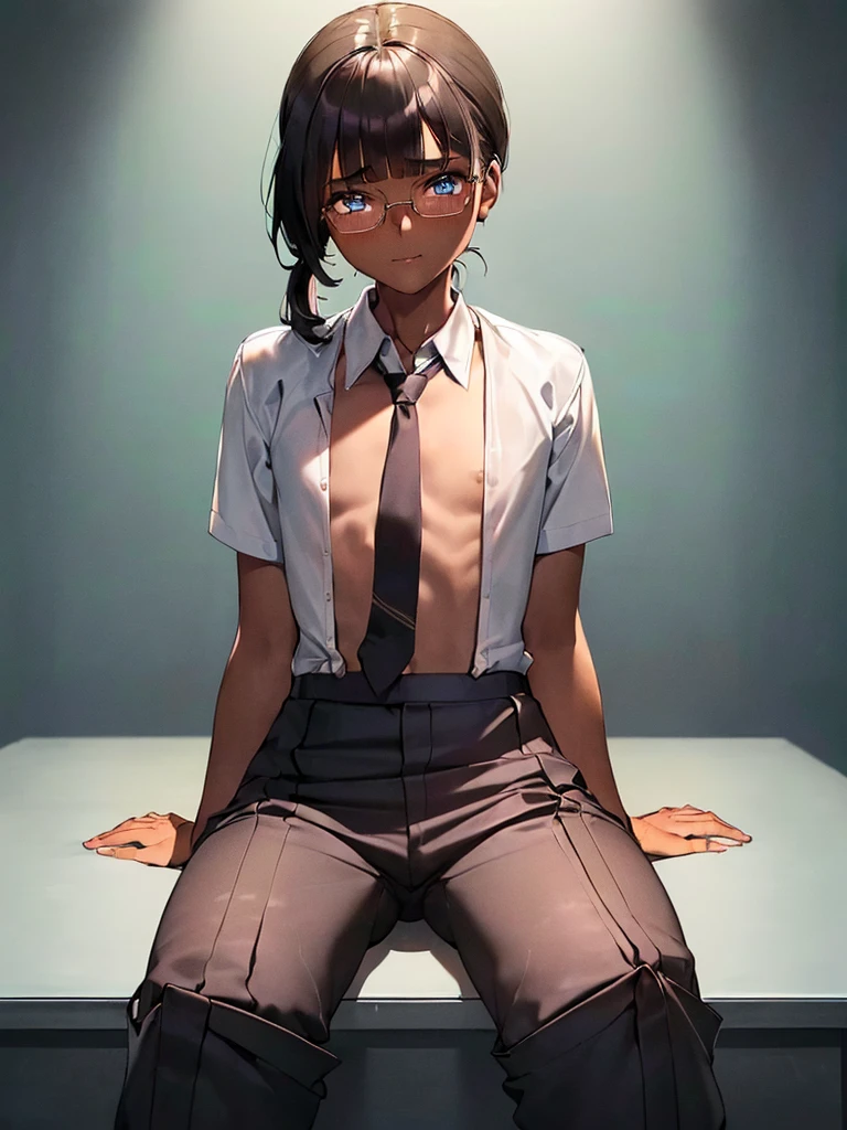 (1 girl solo),(dark skin:1.5),(masterpiece:1.2), highest quality, High resolution, unity 8k wallpaper, (fine and beautiful eyes:1.6), highly detailed face, perfect lighting, Detailed CG, (perfect hands, perfect anatomy),20 years old, (black hair:1.3), detailed eyes, best quality, extremely detailed, very precise detailed, (glasses:1.4), , (straight hair:1.5), (evil smile:1.2) ,long sidelocks, (blush:1.3),(sit on desk:1.3),(Put left knee in front:1.5),(boy's school uniform long pant:1.5),(loosen necktie:1.2),spread legs,bend knee,(open shirt:1.5),(short_sleeves shirt:1.3),(low ponytail:1.4),(blunt bangs:1.4), (greaming skin:1.3),(flat_chest:1.6), (oily skin:1.3),(wide hips:1.3)