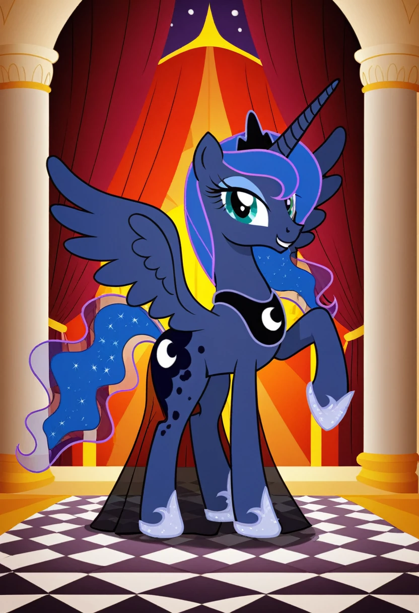 Pony . Black see trough dress with black choker, Princess Luna smiling 