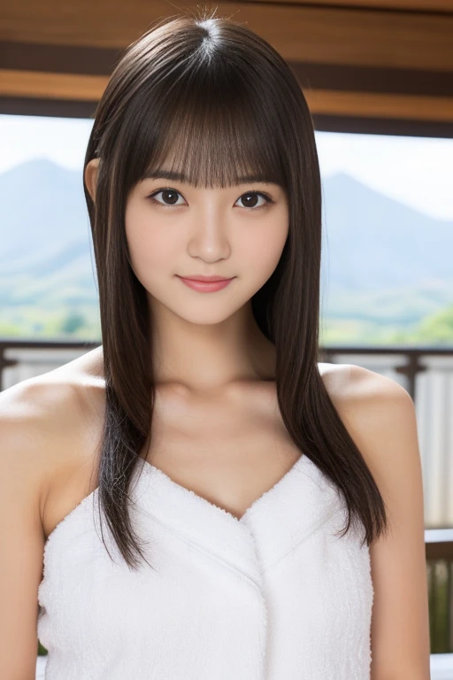 masutepiece, Best quality, 1girl in, (a beauty girl, rpgmaker:1.2), (:1.2), Very fine eye clarity, (Symmetrical eyes:1.3), (Onsen, , Cover your chest with a towel:1.3), Beautiful breasts, Brown eyes, Parted bangs, Brown hair, Top Teeth