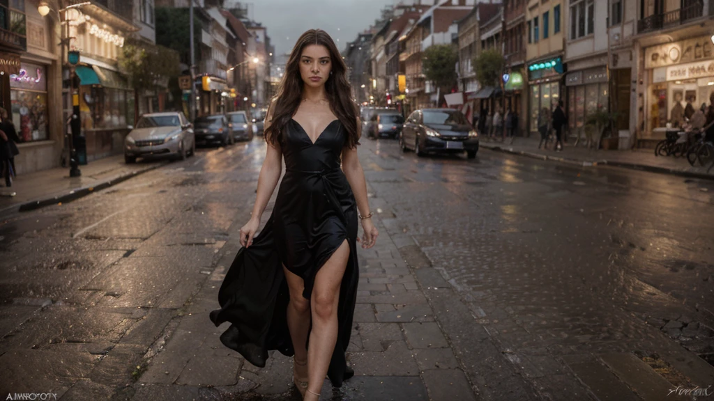 Photorealistic (full body) photo of a beautiful Colombian model 25 years old with long, thick black hair, wearing a luxurious evening dress with dramatic makeup, creating the effect of instant inspiration in an elegant urban atmosphere, Ultra-realistic, ultra-detailed