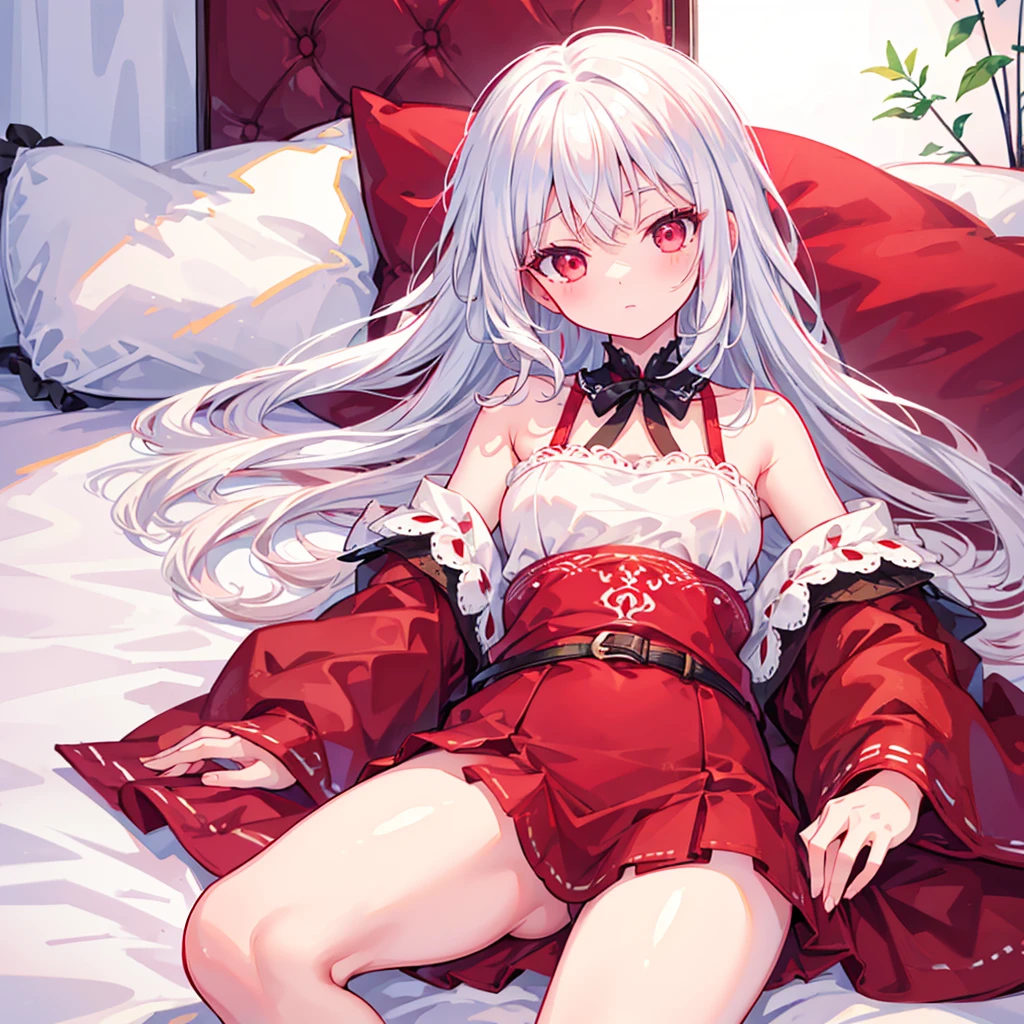 best quality,Real fingers,Reasonable body,Practical:1.37),A girl lying on the bed,[White hair],[Red Eyes]