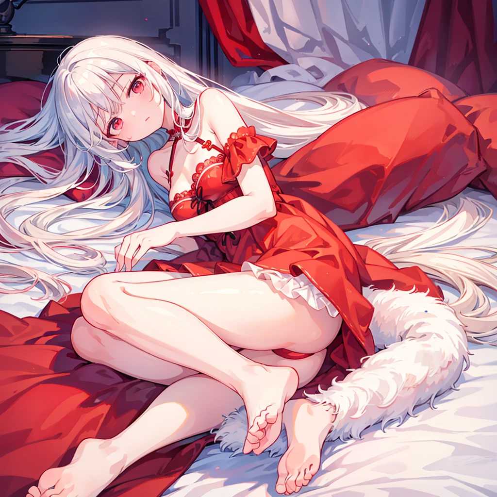 best quality,Real fingers,Reasonable body,Practical:1.37),A girl lying on the bed,[White hair],[Red Eyes]