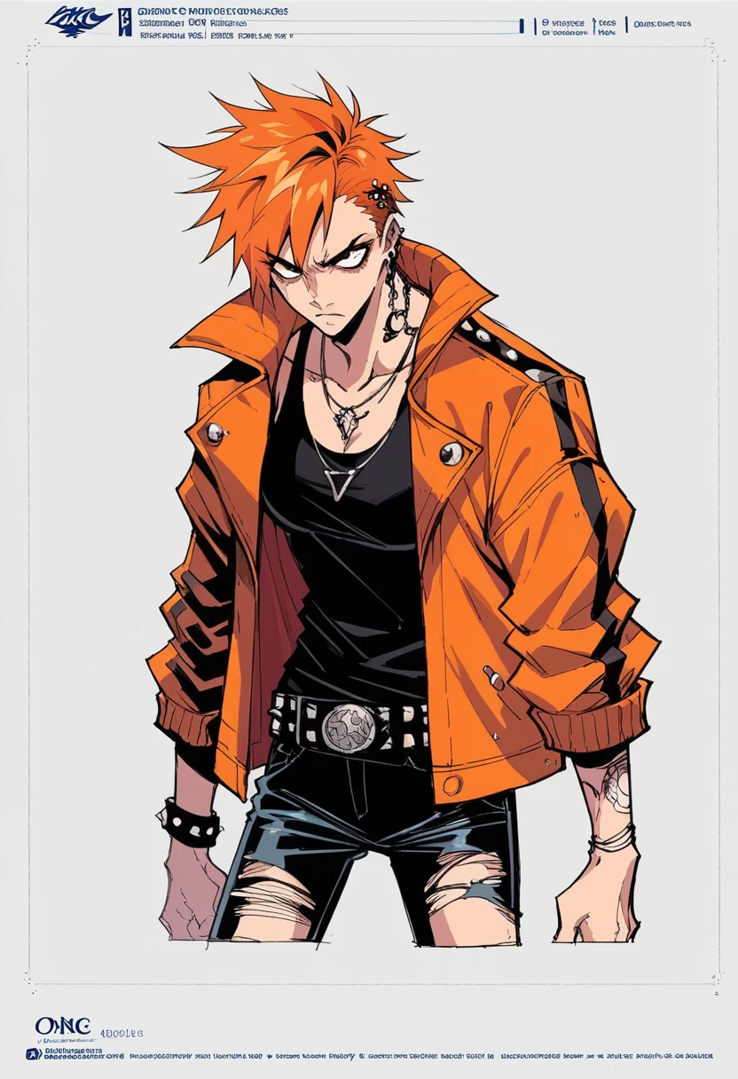 ((manga style,concept art)),Adolescent  With orange hair , tank top , punk Jacket ,Ripped pants 