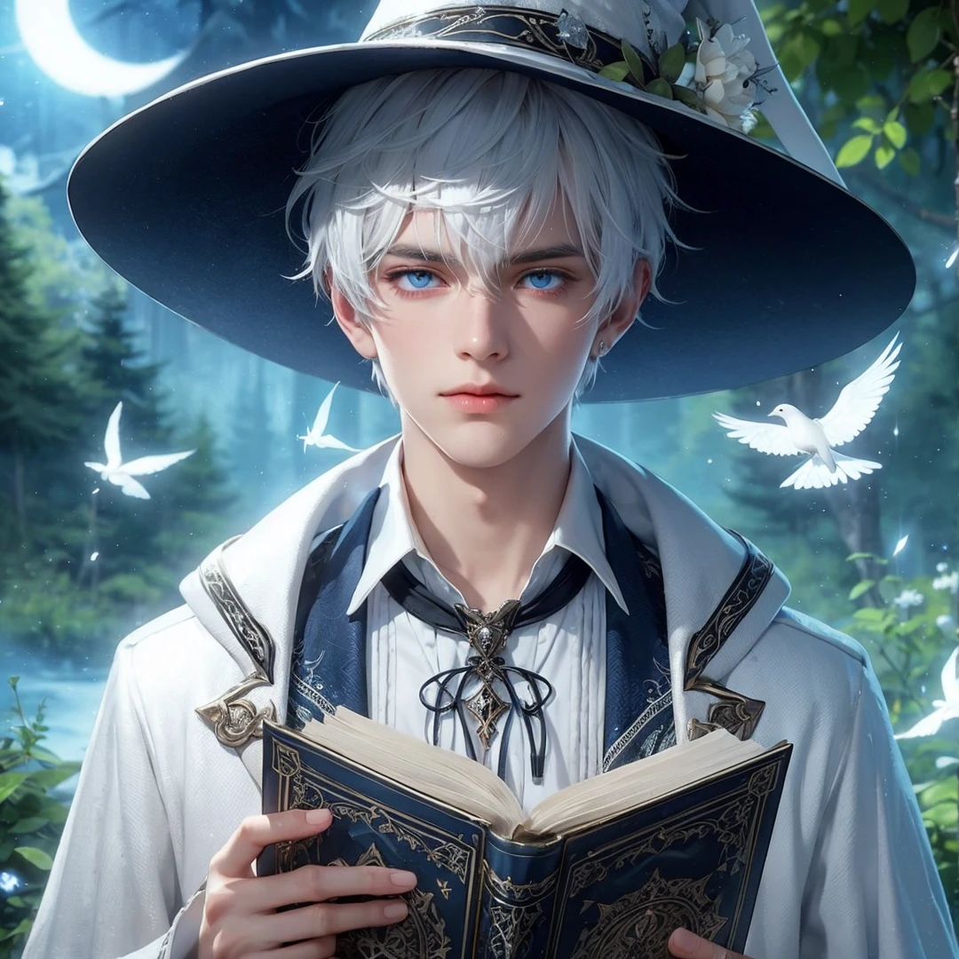 Handsome boy, white hair, blue eyes, wearing white witch hat, wearing white witch clothes, holding a white magic book, magic forest background