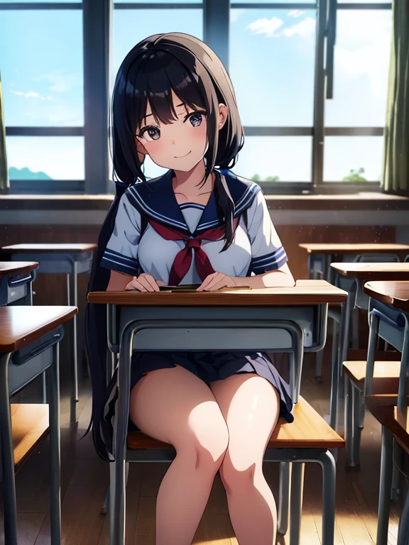 1girl, sitting, gentle smile, 15yo,
classroom, indoors, school chair, school desk, window,
(low twintails), low pigtails, black hair, very long hair,
serafuku with blue ribbon, navy-blue collar,
(dark brown eye),
school,
afternoon, summer,
from front,
anime, high brightness, detailed face, detailed eyes,
(high quality, ultra detailed, masterpiece, FHD)