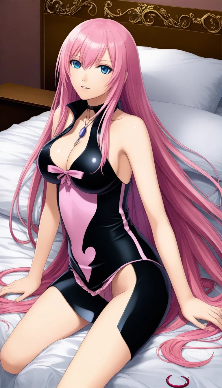 Official Art,1Man Beautiful Adult Woman,Vocaloid Megurine Luka,Pink long hair,blue eyes,Big Breasts,lure,bed,