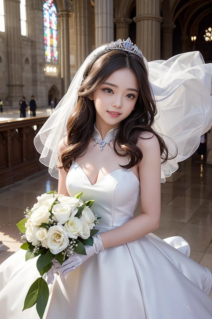best quality, masterpiece, 1 girl, 5 fingers, long hair, huge laugh, cute teen, shiny lips, sweet, sun glare, Conservative attire, white gloves, bouquet, wedding dress, bridal tiara, depth of field, blurred background, Cathedral Background, light particles, strong wind, head tilt
