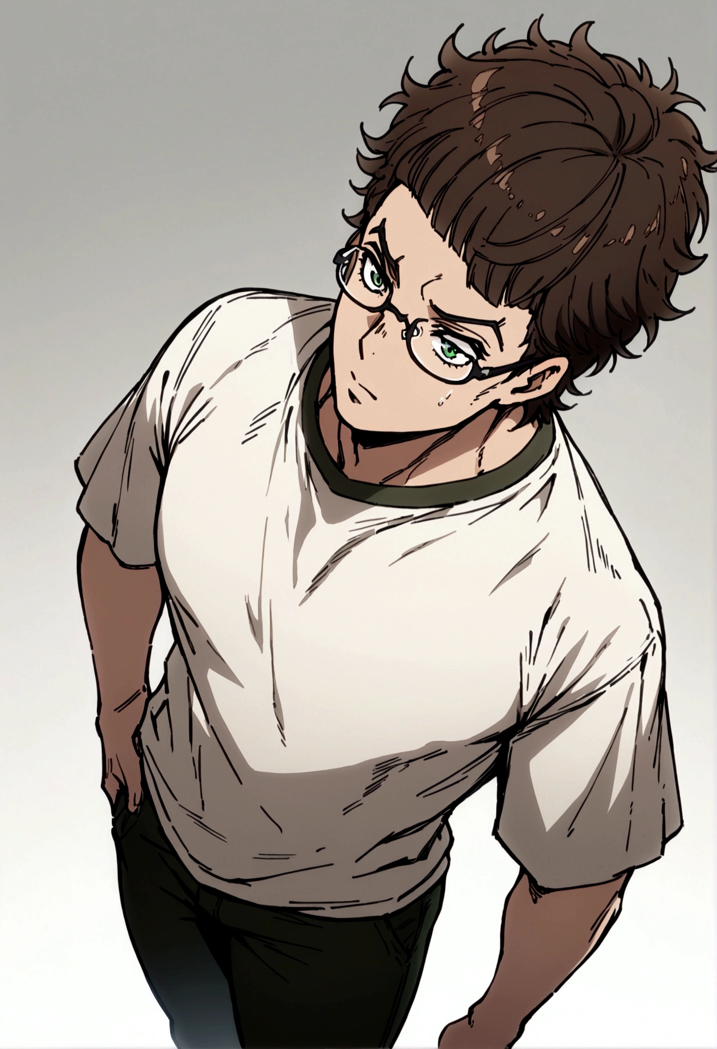 fullbody,masterpiece,standing,tshirt,dark brown curly short hair,green eyes,(bangs),adult,1boy,solo,light stuble,glasses,white background
