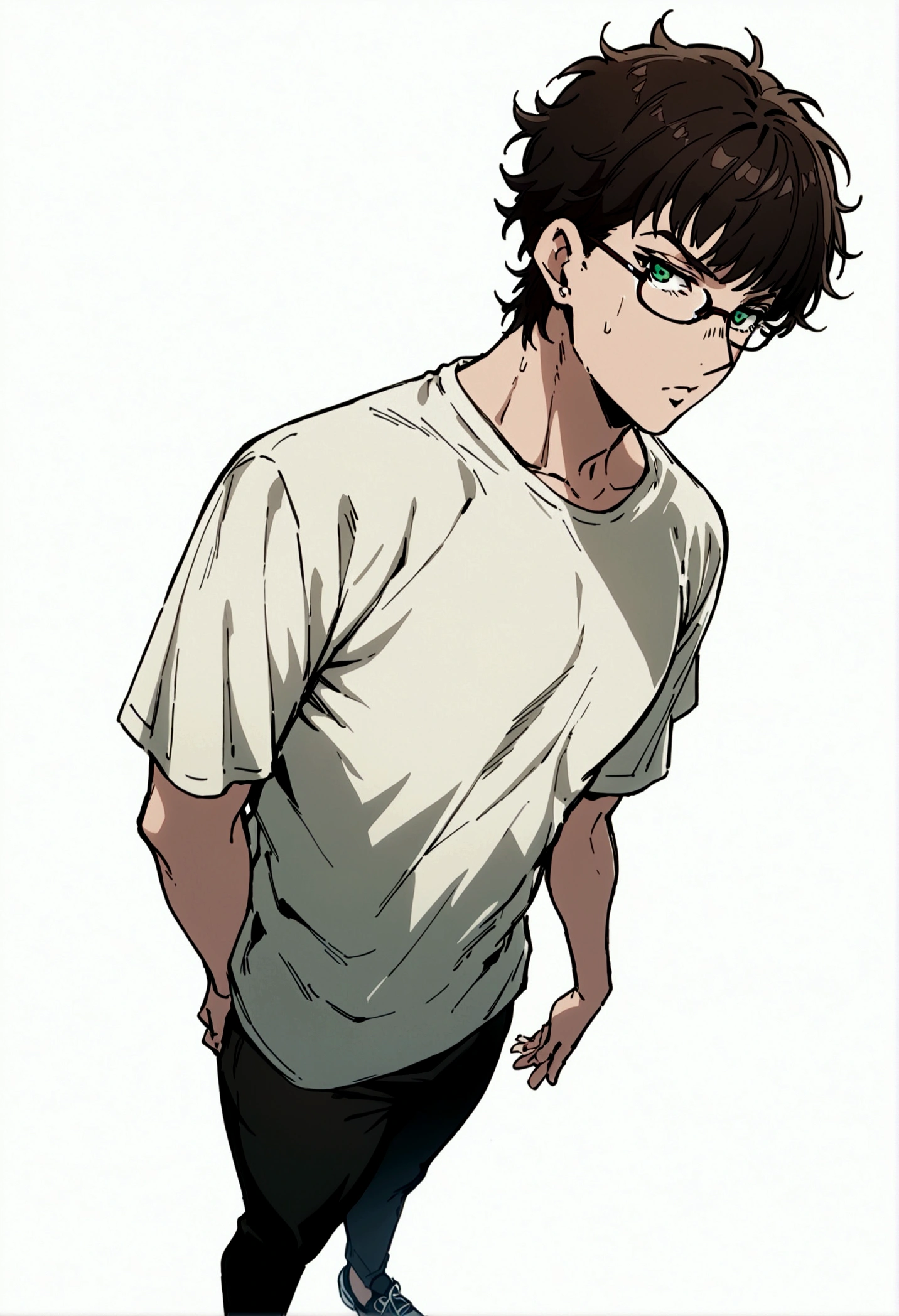 fullbody,masterpiece,standing,tshirt,dark brown curly short hair,green eyes,(bangs),adult,1boy,solo,light stuble,glasses,white background