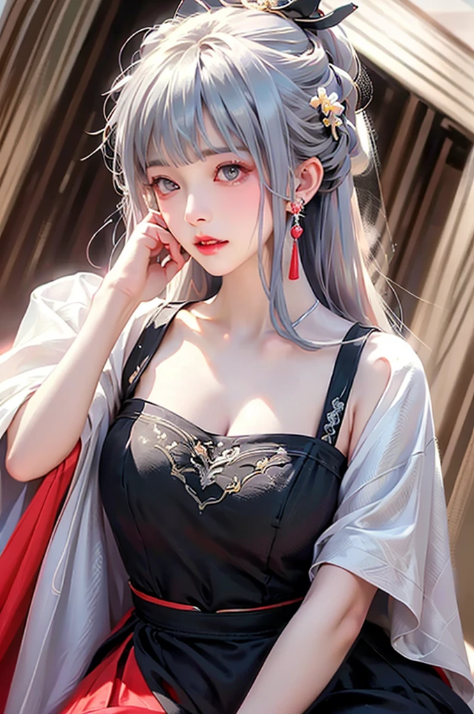 super high quality, masterpiece, Perfect illustration, Very detailedな (Exquisite light and shadow, Very dramatic photo,) , ((Gray Hair:1.5))1 Girl, alone, (Wearing red clothes, Black and white Hanfu,) Flower Field, Flowers, (White smoke:1.3) (Realistic:1.4), Zen Intertwining, Tangled, Official Art, unity 8k wallpaper, Very detailed, Beautiful and beautiful, masterpiece, Highest quality, (Dynamic Angle: 1.4), Glowing Skin, (Floating colorful flashes: 1) The most beautiful chaotic shapes, elegant, Brutalist Design, Bright colors, Romantic Depth of Field Exotic_dance, half_naked、Expose your shoulders、Ample breasts、Great cleavage、
