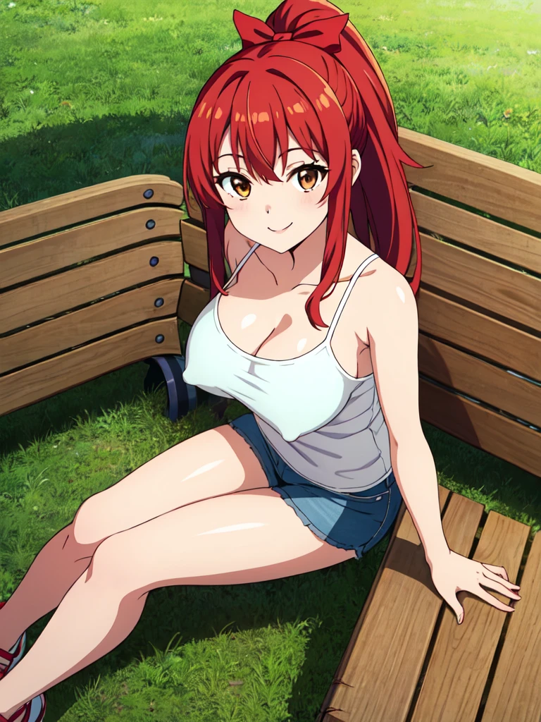 show off nipples,large breasts,1girl, solo,facing viewer, (looking at viewer:1.5), smile, camisole, yellow camisole, park, bench, day, DSKASUMI, red hair, long hair, ponytail, brown eyes, hair bow