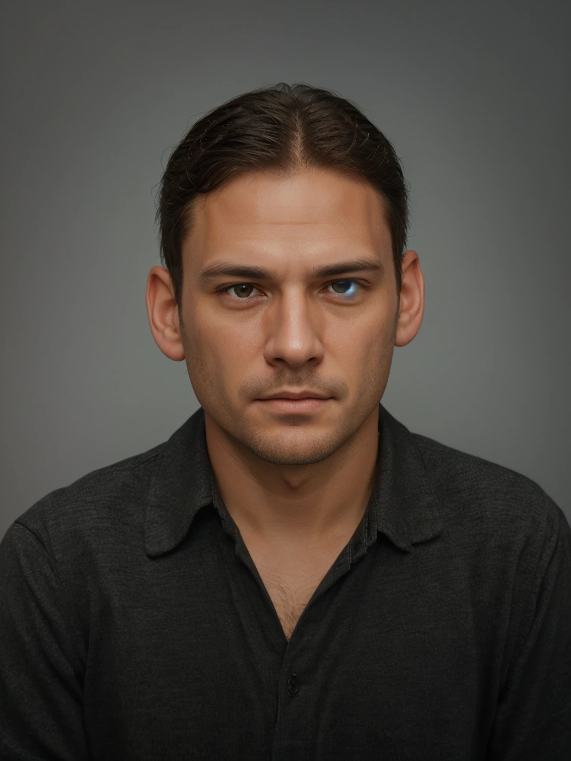 Make this photo look realistic and detailed, arafed man in a brown shirt looking at the camera, potrait, realistic portrait photo, digital art but photo, full protrait, 4 0 years old man, very detailed potrait, realistic portrait photo, close up potrait, profile portrait, very detailed face, very realistic face, very perfected face, very detailed clothes, very realistic clothes, very perfected clothes