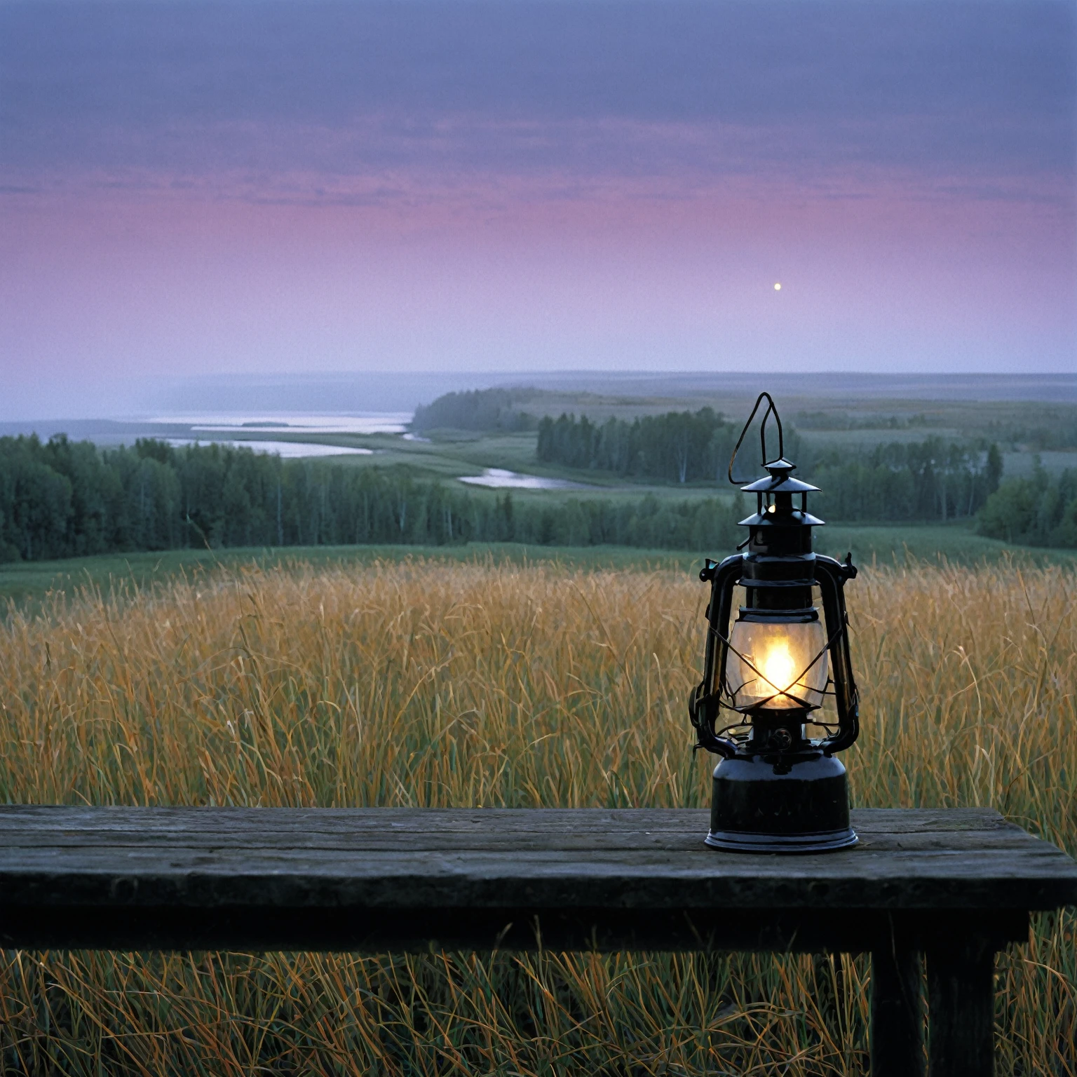 There is a lantern on the table in the middle of the field, beautiful view, author：Jesper Knudsen, Lantern light, author：Anton Lehmden, Landscape View, Nordic landscape, Realistic scenery, author：Jürgen Roeder, author：Eero Snellman, norwegian landscape, Realistic scene, author Jesper Myrfors