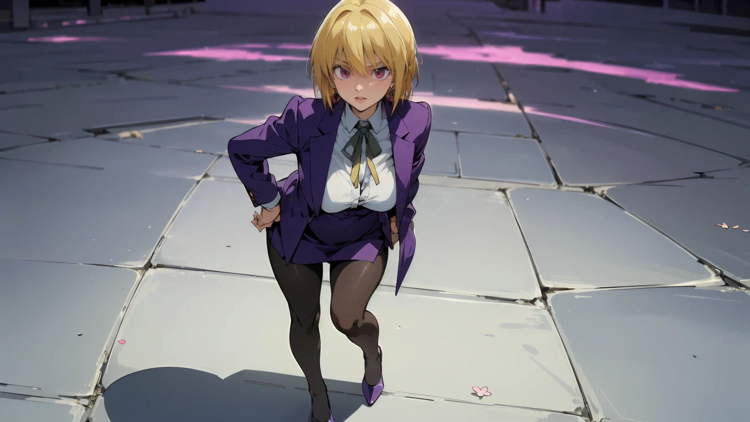 caucasian female, high school teacher, beautiful clavicle, beautiful thigh, beautiful legs, ((purple jacket, close jacket, purple tight skirt, white collared shirt), black pantyhose), purple neck ribbon, high heels, black bag, (beautiful scenery), morning, riverside, cherry blossom, standing, hands on hair, daylight, riverside, (High Resolution), (Very Detailed), (Best Photo), (Best Quality), (Ultra Detailed), (masterpiece:1.5), very precise details,(Ultra High Resolution:1.4), the Extremely Detailed CG Unity 8K Wallpapers, highest quality, hight resolution, (Realistic, Photorealsitic, hyper realisitic:1.5), the light shines on your face, profetional lighting, anime styled, beautiful hair, detailed hair,(Detailed Face), (Beautiful Detailed Eyes), Beautiful breasts, beautiful detailed shadow, Beautiful body, Beautiful skin, beautifull hands, precise details hands, beautiful fingers, very precise detailed fingers, (Ultra-detailed face, Detailed eyes:1.4), beautiful eyebrows, cool eyebrows, (Aesthetic Anime Eyes:1.4), (Light from the front :1.4), (1girl in:1.4),(Solo:1.4), (Mature face and body), (Beautiful cute face), (beautiful female lips), Charming, looks at the camera with a gentle smile, standing, hands on hair, (lovely smile, upper eyes, open mouth), earrings glossy lips, (juicy female lips), perfect female body, Beautiful waist, beautiful long eyelashes , Shiny skin, tilt her head, 30year old, mature female, Kurapika, 1girl, ((scarlet eyes)), blonde hair, ((bob hair)), flowing hair, fluttering hair, long legs, very huge breasts, long breasts, saggy breasts, hips wider than shoulders, wide hips, pelvic curtain, beautiful thighs, thick thighs, garnet earrings, white shirt (pantyhose:1.3), brown pantyhose, black high heels, pumps, full body