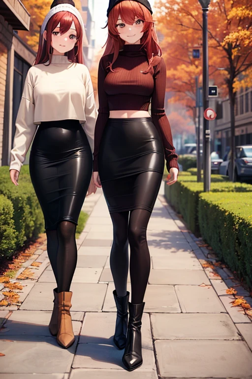 1girl, woman, brown long sleeved sweater shirt, crop top, tight midi pencil skirt black, long length pencil skirt, long red hair, looking at viewer, full body, walking, smile, blush, boots, garden, fall, leaves, beanie, red scarf