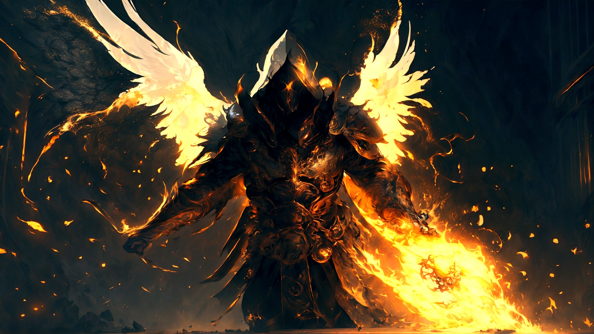 Arafed image of a man with wings and sword in a dark room, Unreal Engine Fantasy Art, Fire Mage, epic fantasy character art, 4K Fantasy Art, Unreal Engine 4K Wallpaper, Epic fantasy digital art style, Epic fantasy digital art, High quality fantasy art, Ascended Magician, Awesome Wallpapers, Archangel, Fantasy Game Art, epic Fantasy Game Art